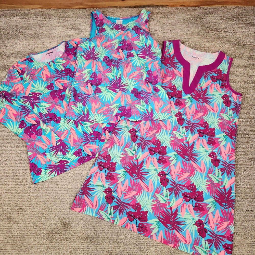 Lands' End Swim 3pc Set Tankini Top Lomg Sleeve Tee Cover Up Dress Tropical L/XL